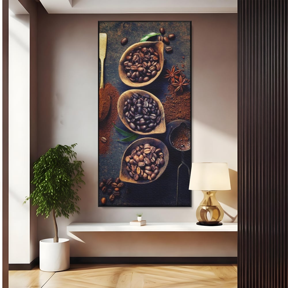 Tablou canvas cu tablou cu boabe de cafea in linguri de lemn, in rama de aluminiu negru